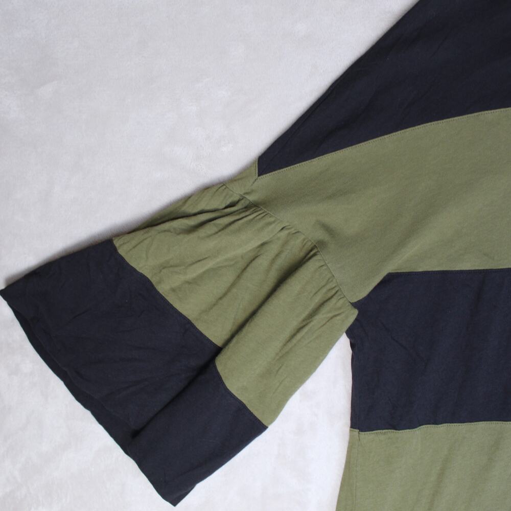Dries Van Noten Top Womens Small Black Green Striped Flare Sleeve Designer - Picture 3 of 7